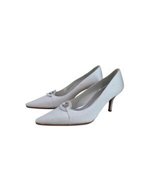 Stuart Weitman White Satin Rhinestone Pointy Toe Pumps Heels 7.5